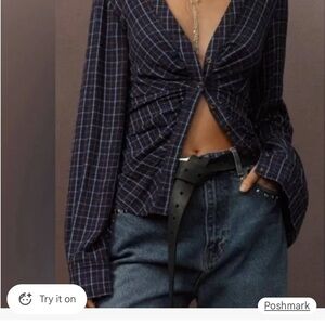 Pilcro Navy Plaid Button-Up Blouse xxs ruched front super comfy